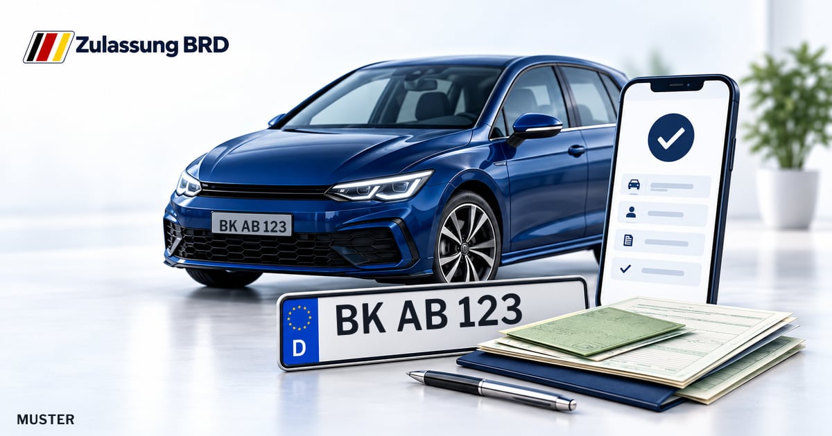 Online Fahrzeugzulassung in Welzheim: Musterkennzeichen BK AB 123, Auto und Fahrzeugpapiere und Smartphone. Illustration mit Logo von Zulassung BRD.